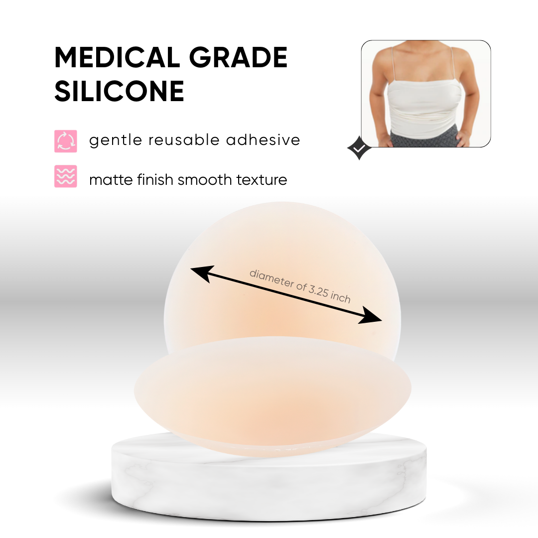 Gonipless nipple covers are made of premium skin-safe silicone. Diameter over 3.25 in, and the pasties have gentle reusable adhesive, with a matte finish and smooth texture. 