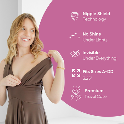 Gonipless nipple covers characteristics and features. They have a product built with nipple shield technology, there is no shine under lights, they are invisible under clothing, one product fits sizes A-DD, and packed in a premium travel case. 